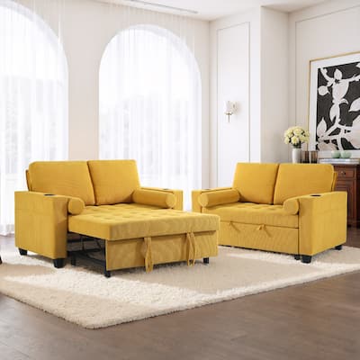 2 Set Multi-Functional Sleeper Sofa Bed 3-in-1 Pull-Out Convertible Adjustable Loveseat with USB Port