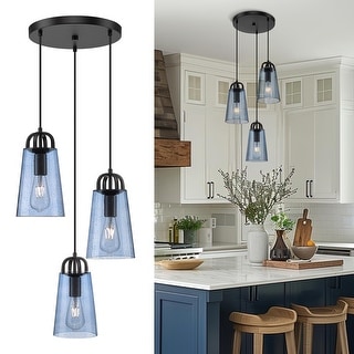 3-Light Cluster Pendant Light with Blue Seeded Glass