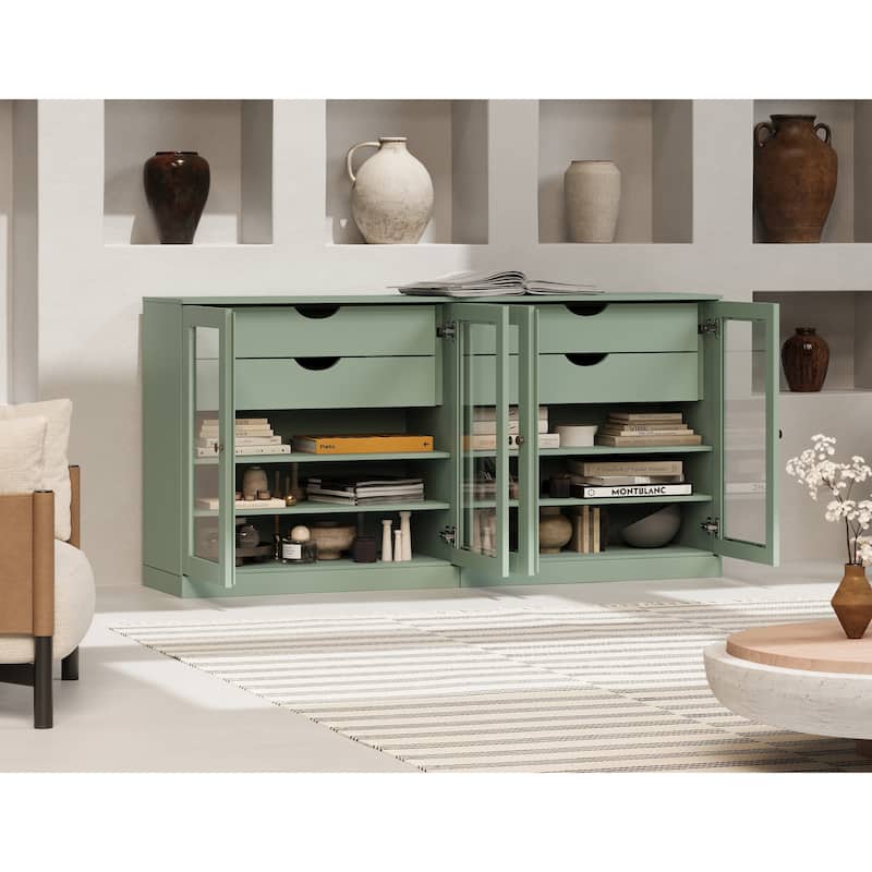 Palace Imports 100% Solid Wood 64" Sideboard with Clear Glass Doors, 4-Drawers and Adjustable Shelves