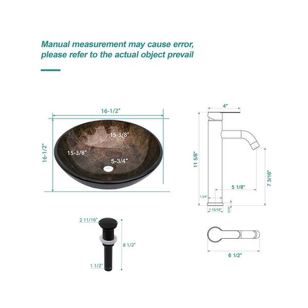 dimension image slide 1 of 3, Artistic Tempered Glass Vessel Bathroom Sink with Faucet and Pop-up Drain