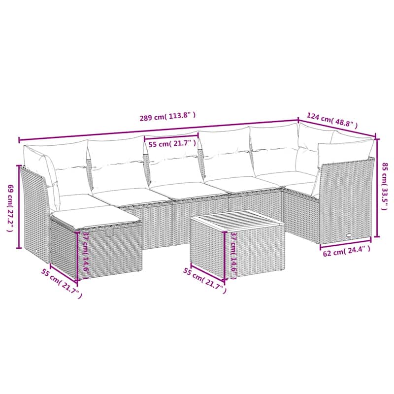 vidaXL Patio Sofa Set with Cushions Outdoor Furniture 9 Piece Poly Rattan - 24.4" x 24.4" x 27.2"