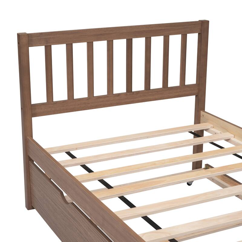 Modern Walnut Twin Platform Bed Frame with Trundle, Space-Saving Design