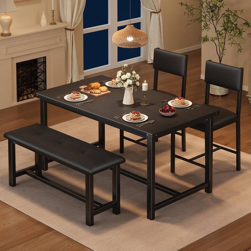 Kitchen Dining Table Set for 4 with 2 Padded Chairs and Bench for Apartment, Home - Black