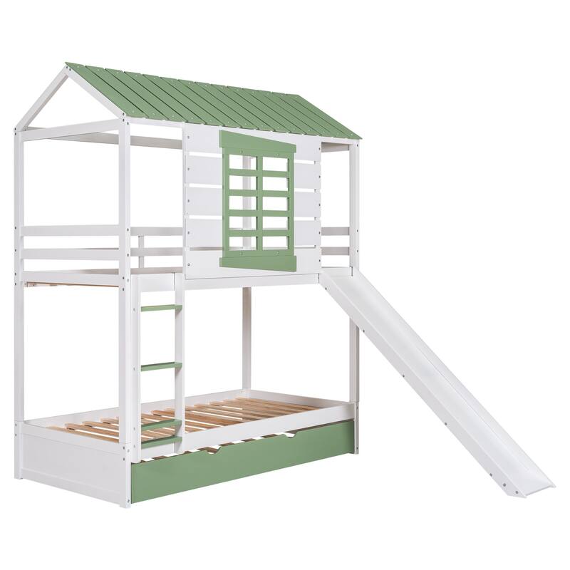 Convertible Twin Bunk Bed with Slide and Trundle, White and Green