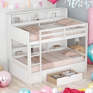Twin Size Bunk Bed with Built-in Shelves Beside both Upper and Down Bed and Large Storage Drawer,Multifunctional Bunk,White