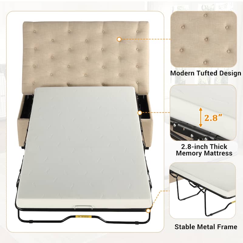 Tufted Sleeper Couch Settee, Ottoman with Folding Sofa Bed, Convertible Ottoman Sleeper with Memory Mattress