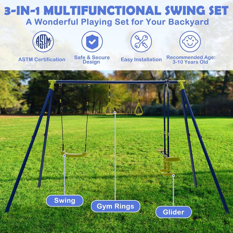Gymax 440 lbs Swing Set 3-in-1 Kids Swing Stand w/ Swing Gym Rings