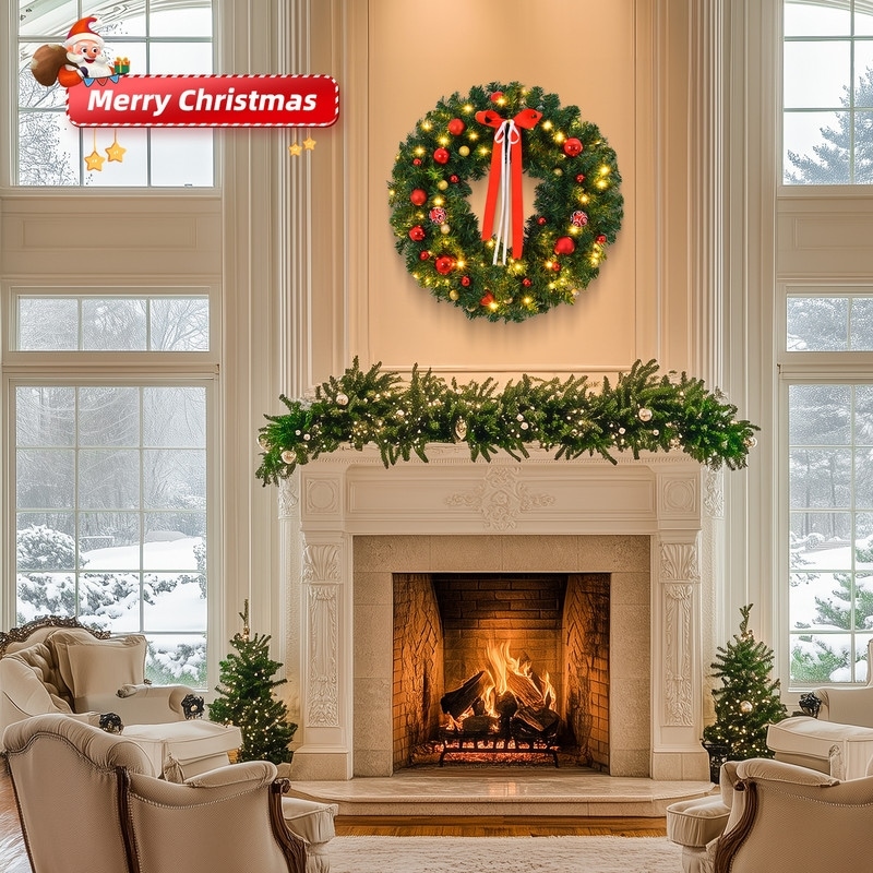 36in Pre-lit Battery Powered Christmas Wreath, Lighted Artificial Xmas Wreath, for Front Door Gate Wall Xmas Party Decorations