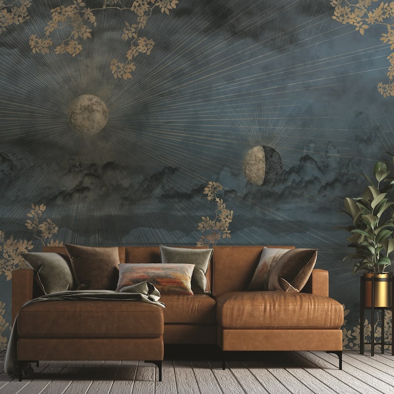 Celestial Night Sky Wallpaper Mural Golden Foliage Moon
