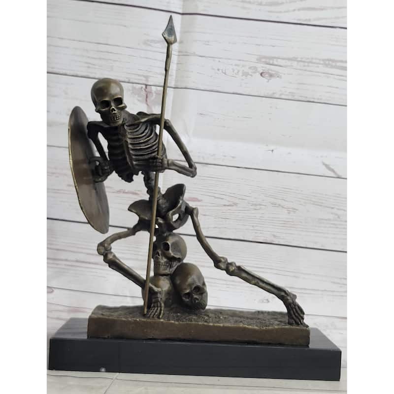 Skeleton Warrior W/ Shield And Spear Bronze Statue Sculpture Marble Base 12 Inches X 10 Inches