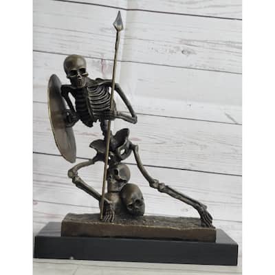 Skeleton Warrior W/ Shield And Spear Bronze Statue Sculpture Marble Base 12 Inches X 10 Inches