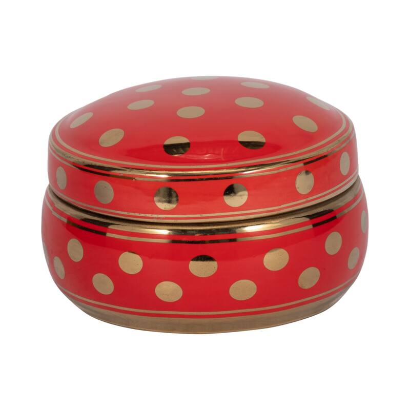 Sagebrook Home 13448-07 Ceramic Covered Dotted Jar, Red/Gold Ceramic, 7 X 7 X 3.75 Inches - 7" x 7" x 3.75"