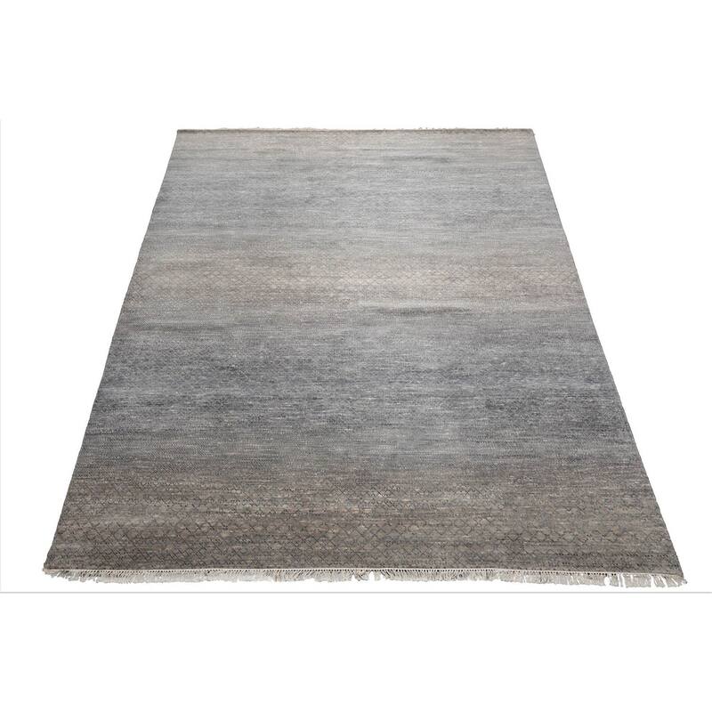 Slate Tibetan Wool & Bamboo Silk Hand Knotted Rug Geometric Style - 8' x 10'