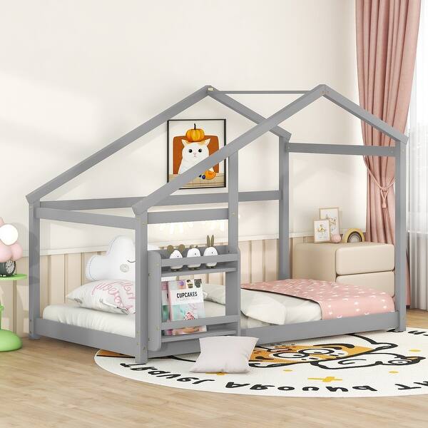 slide 2 of 9, Wooden Twin Size House Bed Frame with Roof & Shelf, Twin Montessori Floor Bed for Kids, Solid Wood Slats, No Box Spring Needed Gray - Twin