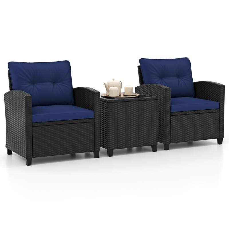 Gymax 3 PCS Patio Furniture Set w/Tempered Glass Coffee Table Washable - Blue