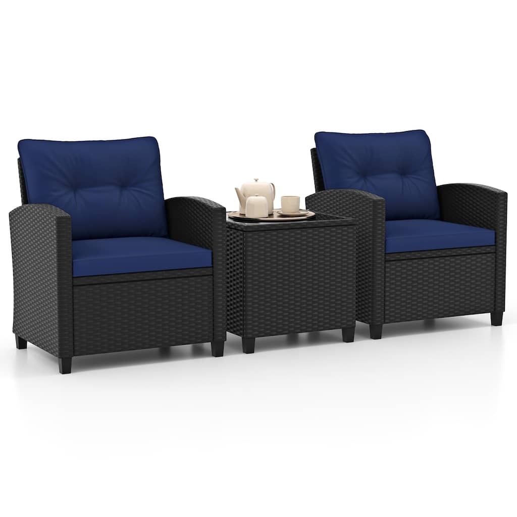 Gymax 3 PCS Patio Furniture Set w/Tempered Glass Coffee Table Washable