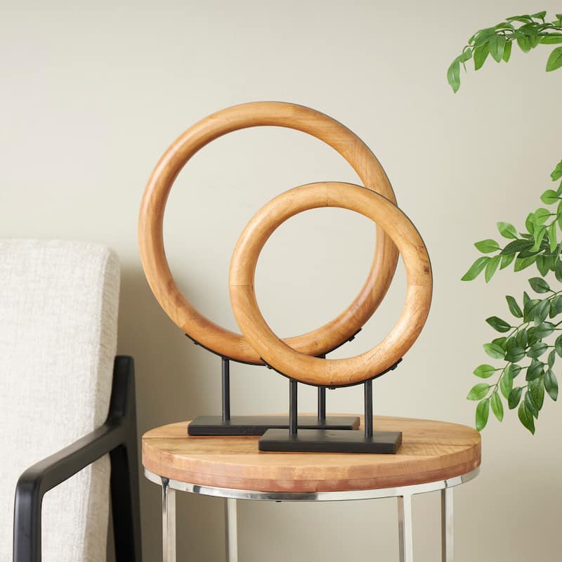 Wood Geometric Circular Ring Sculpture with Black Metal Stands - Set of 2 Brown - Roche River Decor - 4"W x 16"L x 20"H