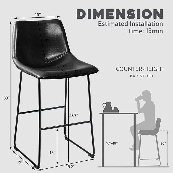 dimension image slide 9 of 19, Bossin 18/26/30 inch Bar Stools,Counter Height Bar Stools with Back Modern PU Leather Stools Dining Chair with Footrest