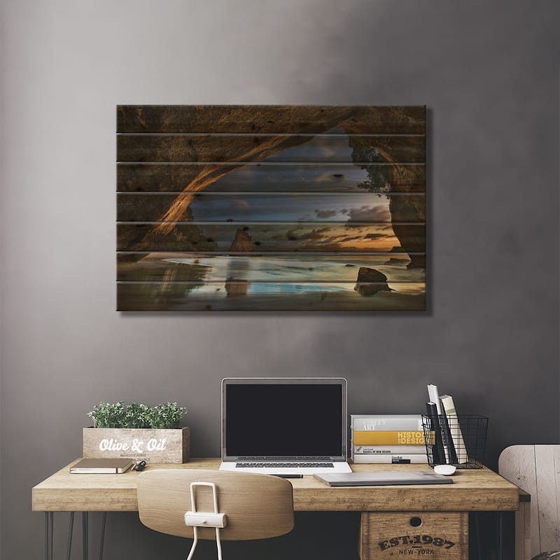 Cathedral Cove Print On Wood by Yan Zhang - Multi-Color