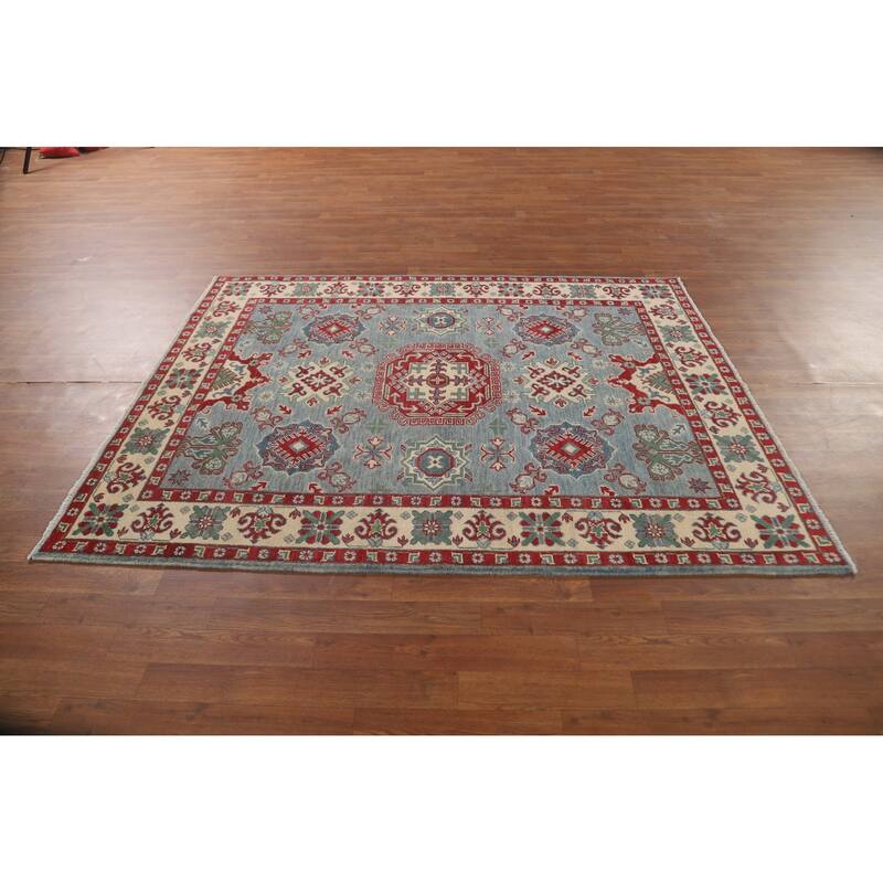 Blue Geometric Kazak Area Rug Hand-Knotted Wool Carpet - 4'11" x 6'4"