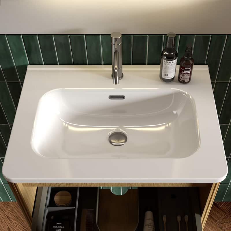 GDFStudio - Integrated Ceramic Basin for Bathroom Vanity, One-Piece Glossy Sink, Pre-Drilled without Drain Assembly