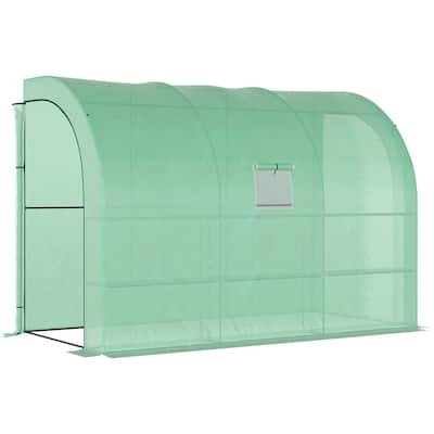 Lean to Greenhouse, Walk-In Green House, Plant Nursery with 2 Roll-up Doors and Windows, PE Cover and 3 Wire Shelves, Green