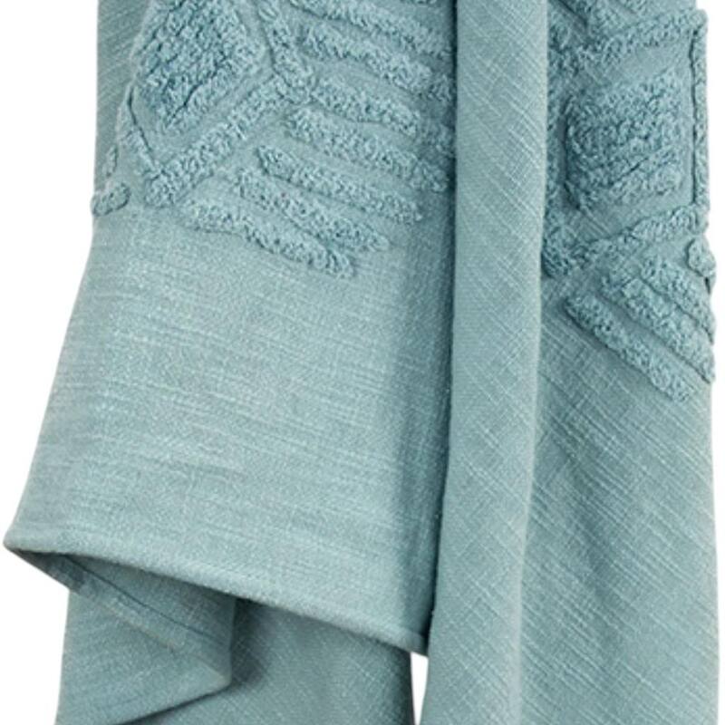 HomeRoots 50" X 60" Teal And Blue Cotton Woven Ikat Throw Blanket with Fringe