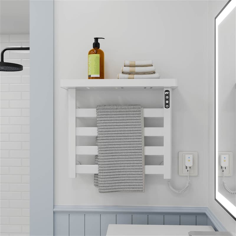 4-Bar Smart Electric Towel Warmer Wall-Mounted with Adjustable Temperature, Timer, Touch LED Display & Shelf