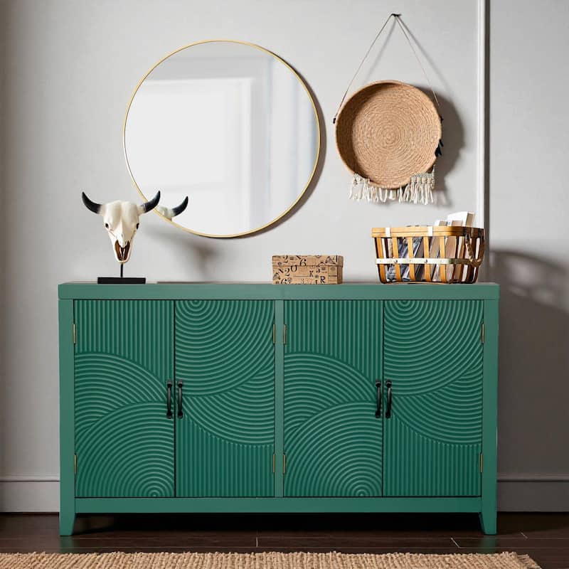 59" Mid Century Modern Accent Cabinet with 4 Doors, Green Wood Buffet Storage Cabinet for Living Room, Dining Room