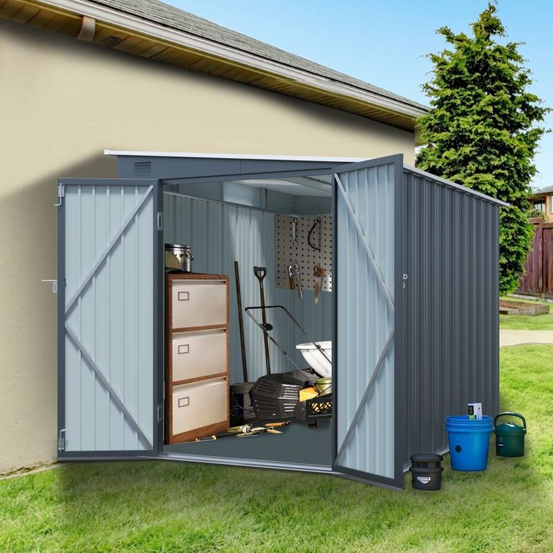6 x 8 FT Modern Outdoor Galvanized Steel Storage Shed with Lockable Double Doors for Tools -  Carbon Black
