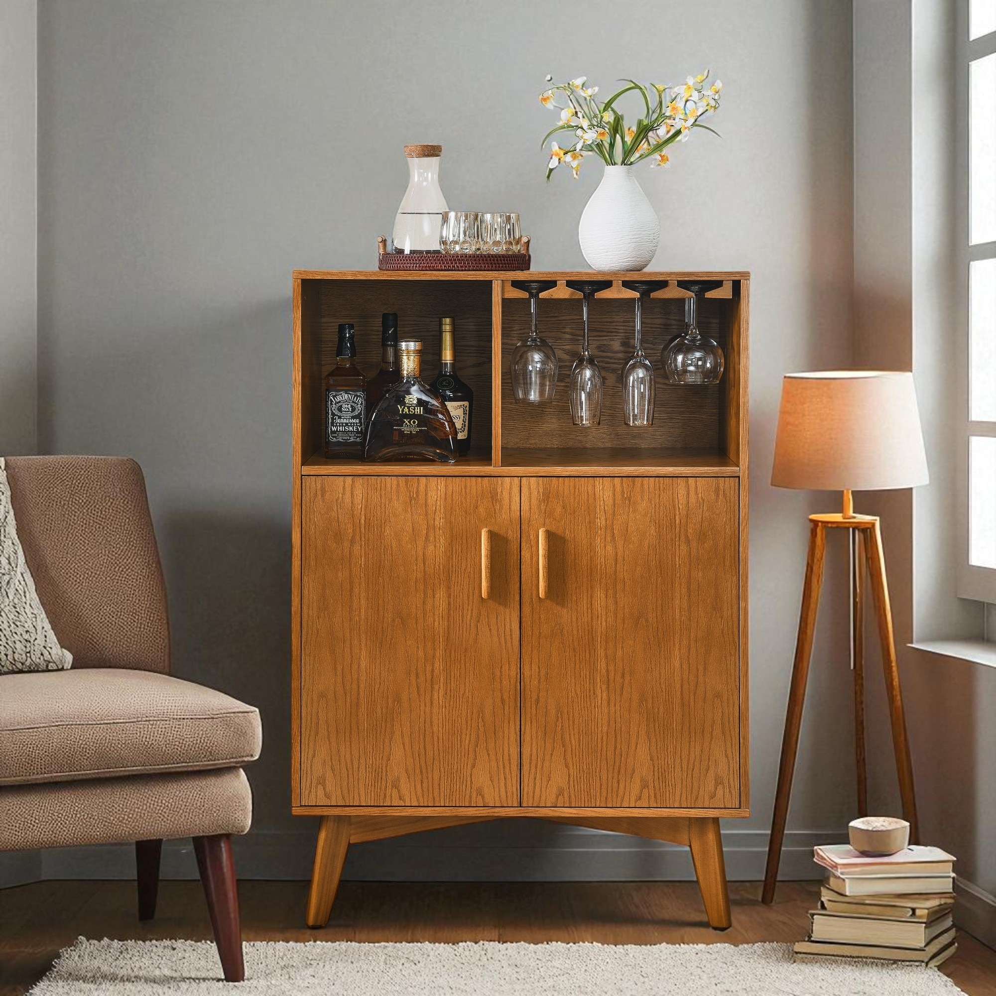 31.5" Liquor Cabinet with Wine Glass Holder & Wine Rack & Adjustable Shelf, Wine Cabinet,Sideboard Buffet Cabinet with Storage