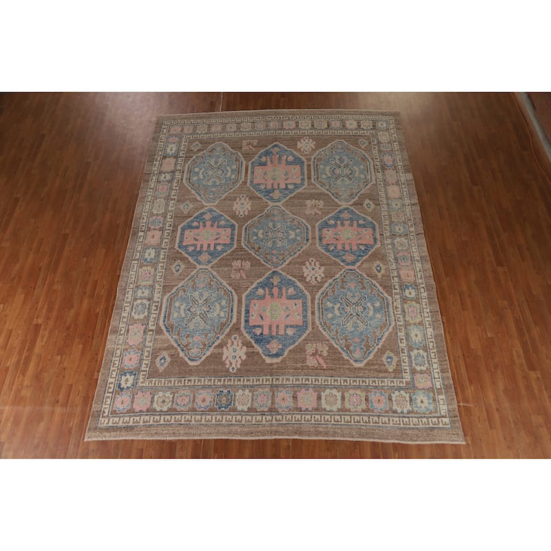 Hand Knotted Oriental 100% Wool Carpet Transitional All-Over Brown Oushak Area Rug - 12' 4'' X 9' 5''