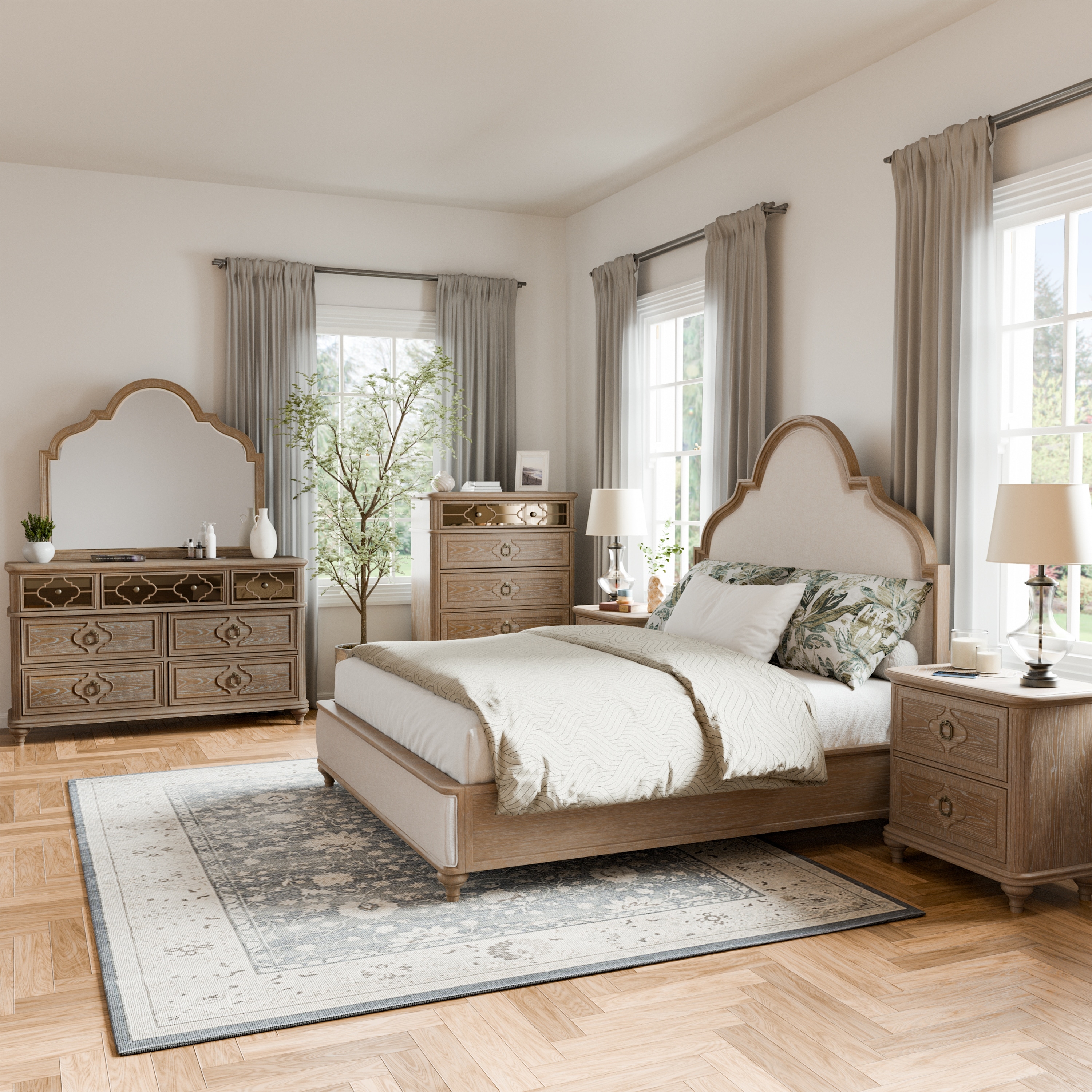 Furniture of America Aveline Modern Rustic Oak 6-Piece Solid Wood Panel Bedroom Set