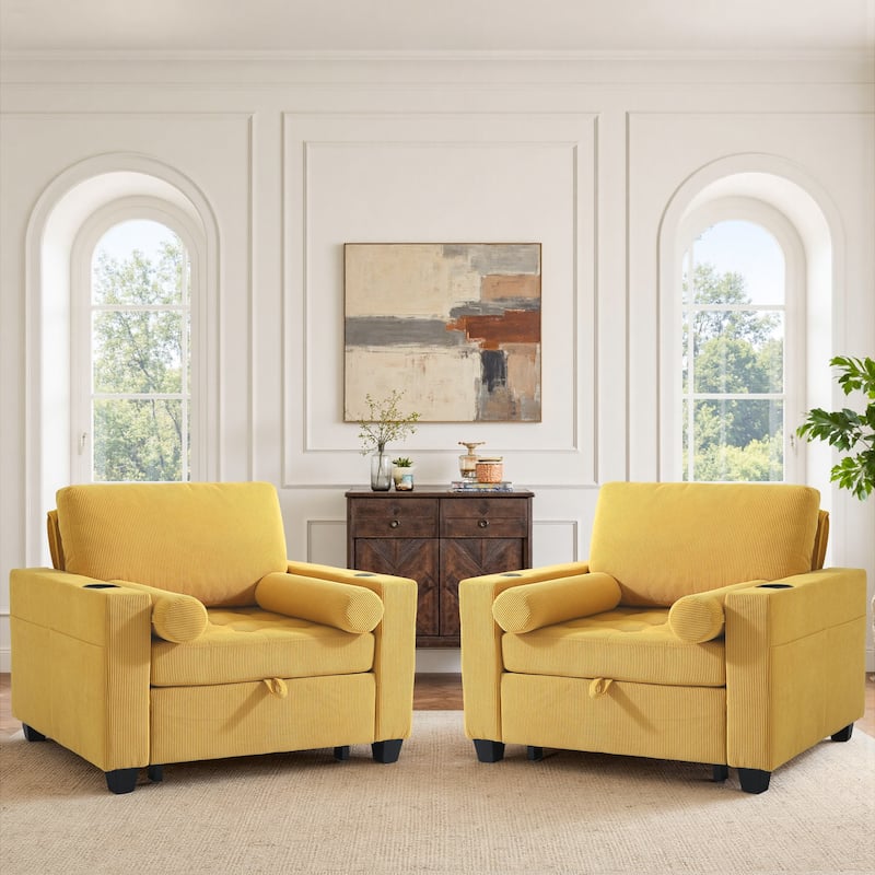 3-in-1 Adjustable Sleeper Sofa Bed Convertible Chair for Living Room - Yellow - 2 Set