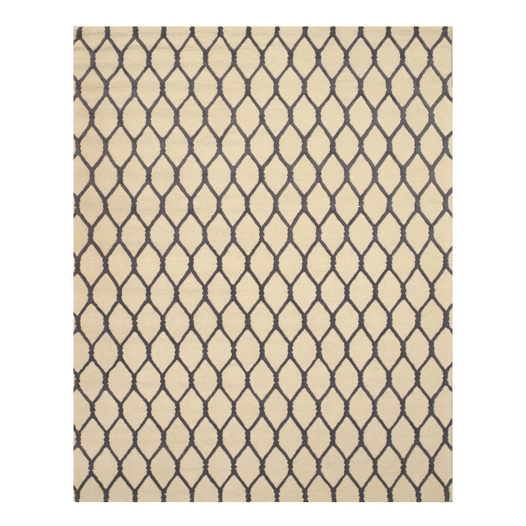 Beige Hand-Tufted Wool Transitional Chain-Link Rug, 5' x 8' - Classic chain-link pattern, soft and durable. - N/A