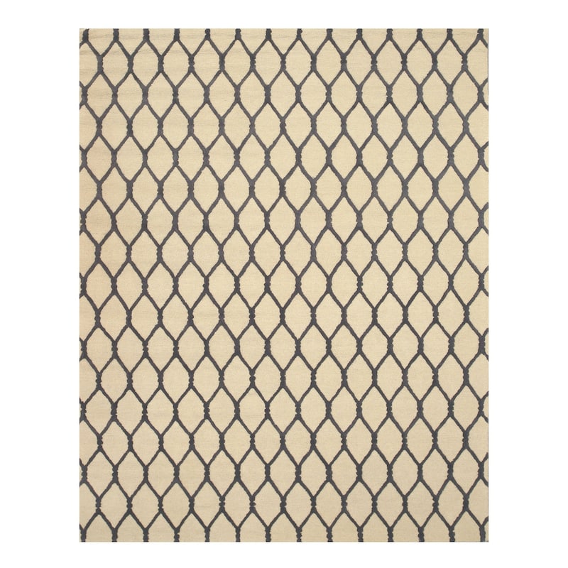 Beige Hand-Tufted Wool Transitional Chain-Link Rug, 5' x 8' - Classic chain-link pattern, soft and durable. - N/A