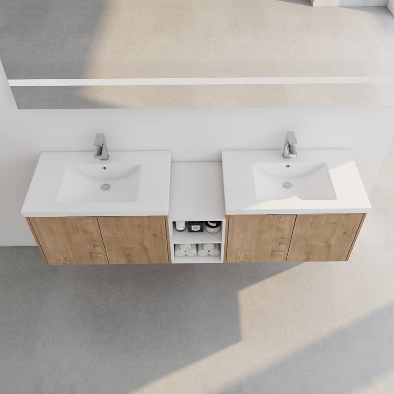 60 Inch Bathroom Vanity with Soft Close Doors, Resin Sink, Ample Storage and Matching Small Shelves (KD Packing)