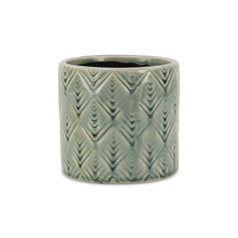 HomeRoots Green Ceramic 33 Ounce Geometric Round Distressed Pot Planter - 5.50 in. x 5.25 in. x 5.50 in.