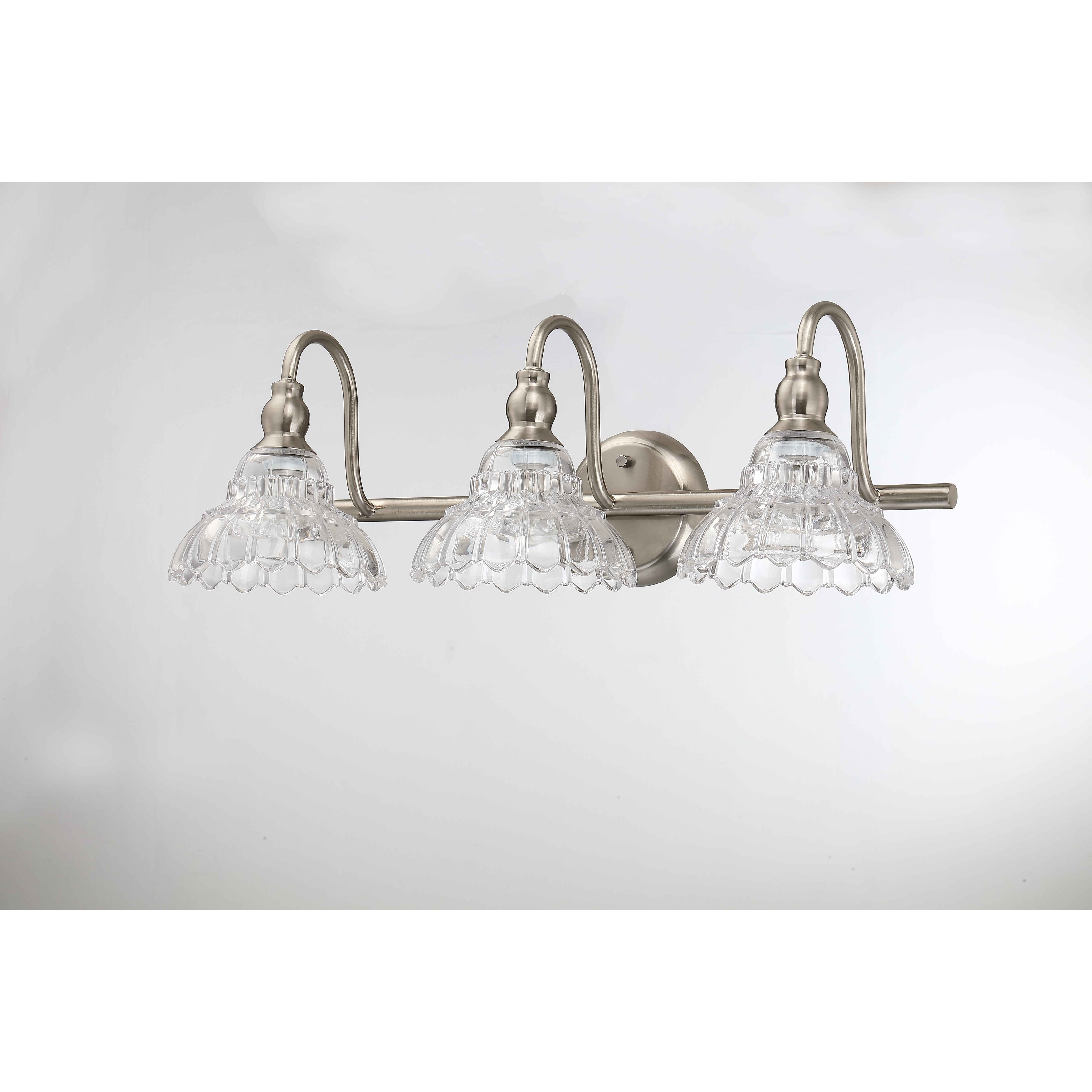 24"W 3-Light Bathroom Vanity Lighting in Brushed Nickel with Clear Scalloped Glass Shades