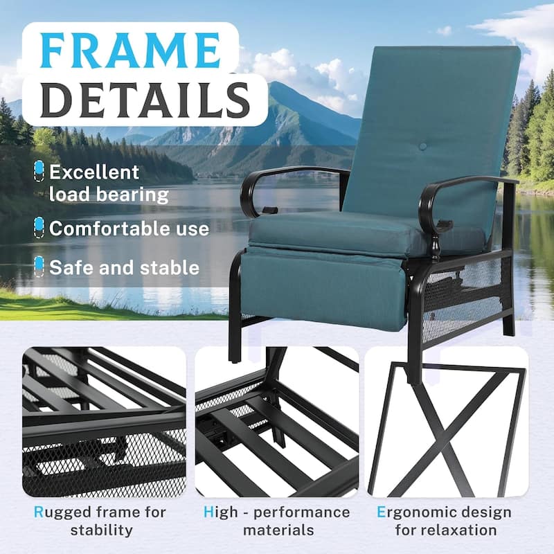 Outdoor Metal Patio Adjustable Recliner Lounge Chair & Bistro Table Set, Retractable Steel Frame and Removable Thick Cushion