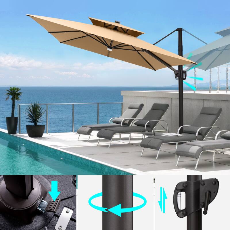 VredHom 9 x 11ft Outdoor Rectangular Dual Top Cantilever Patio Umbrella LED Light