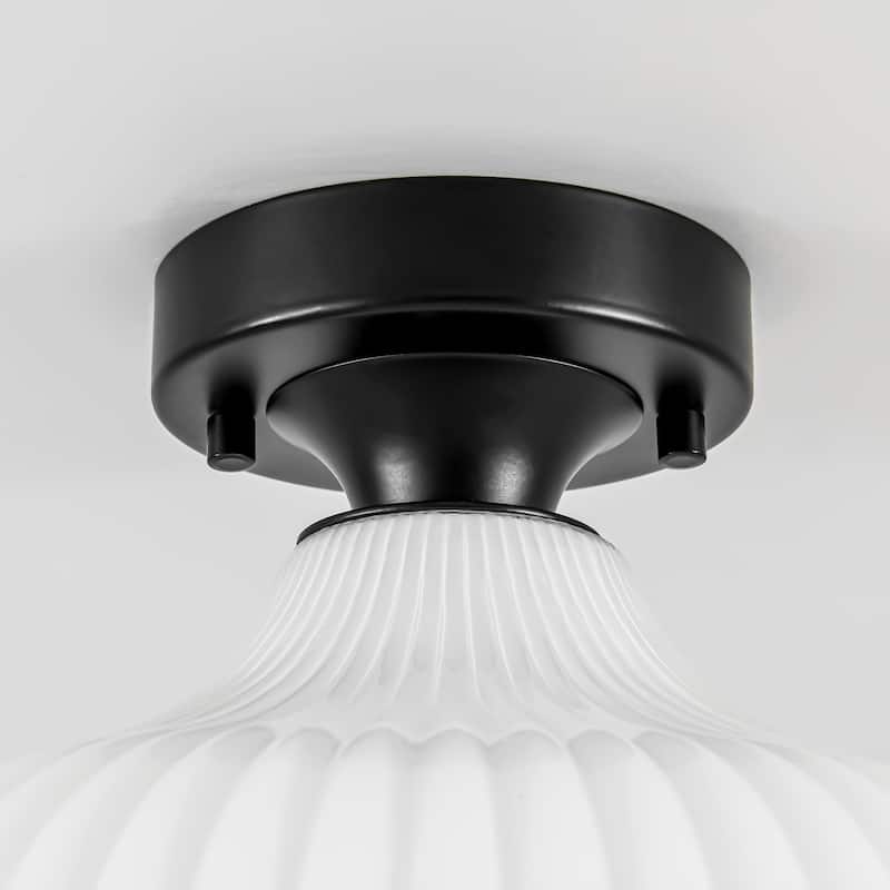 1-Light Modern Elegant Ribbed Glass Flush Mount with Brushed Brass/Matte Black Finish for Bedroom & Foyer