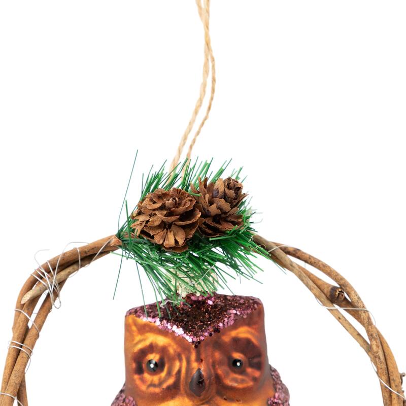 Glittered Owl in a Twig Wreath Glass Christmas Ornament - 5.25" -Brown
