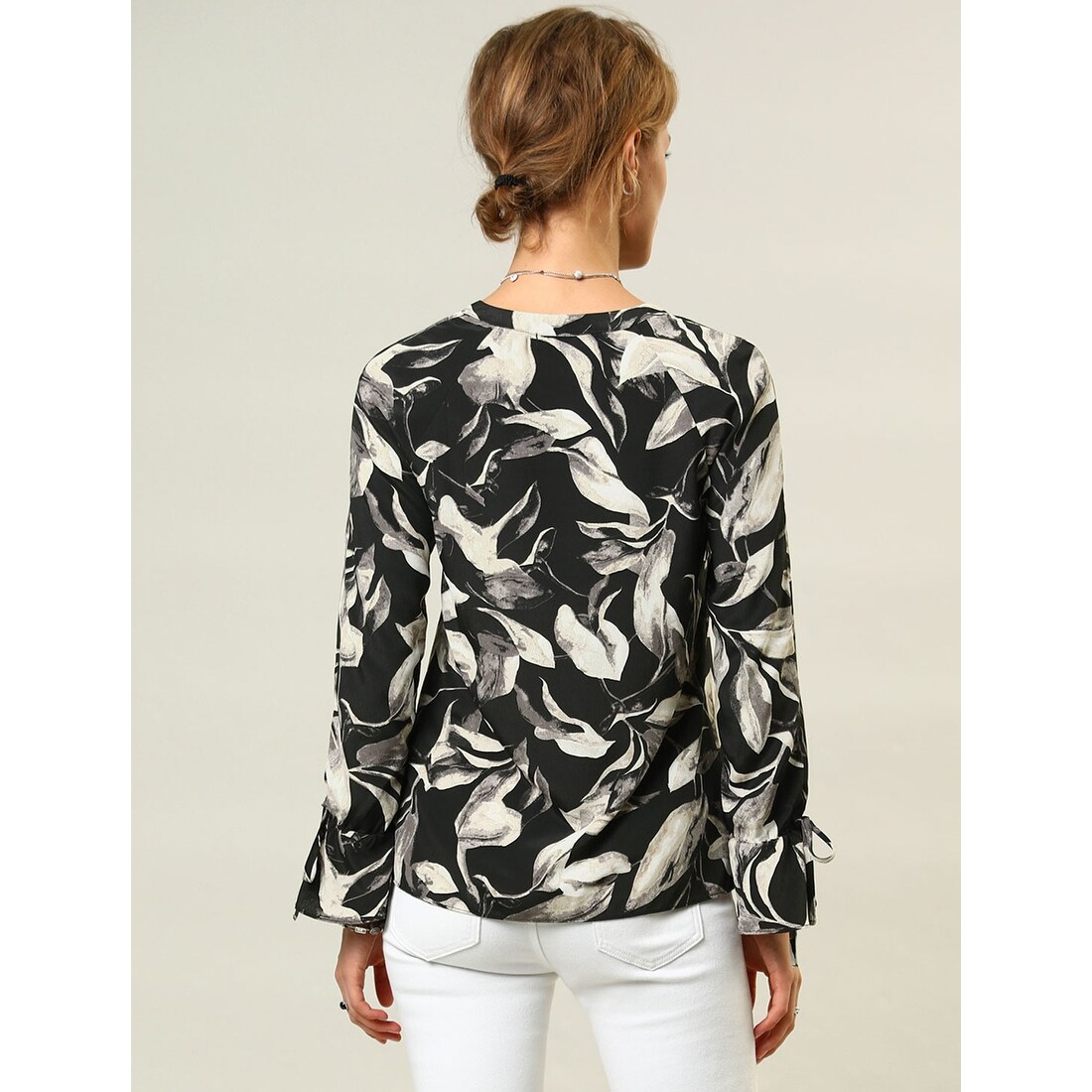 Shop Women S Strappy Bell Long Sleeves V Neck Floral Leaves