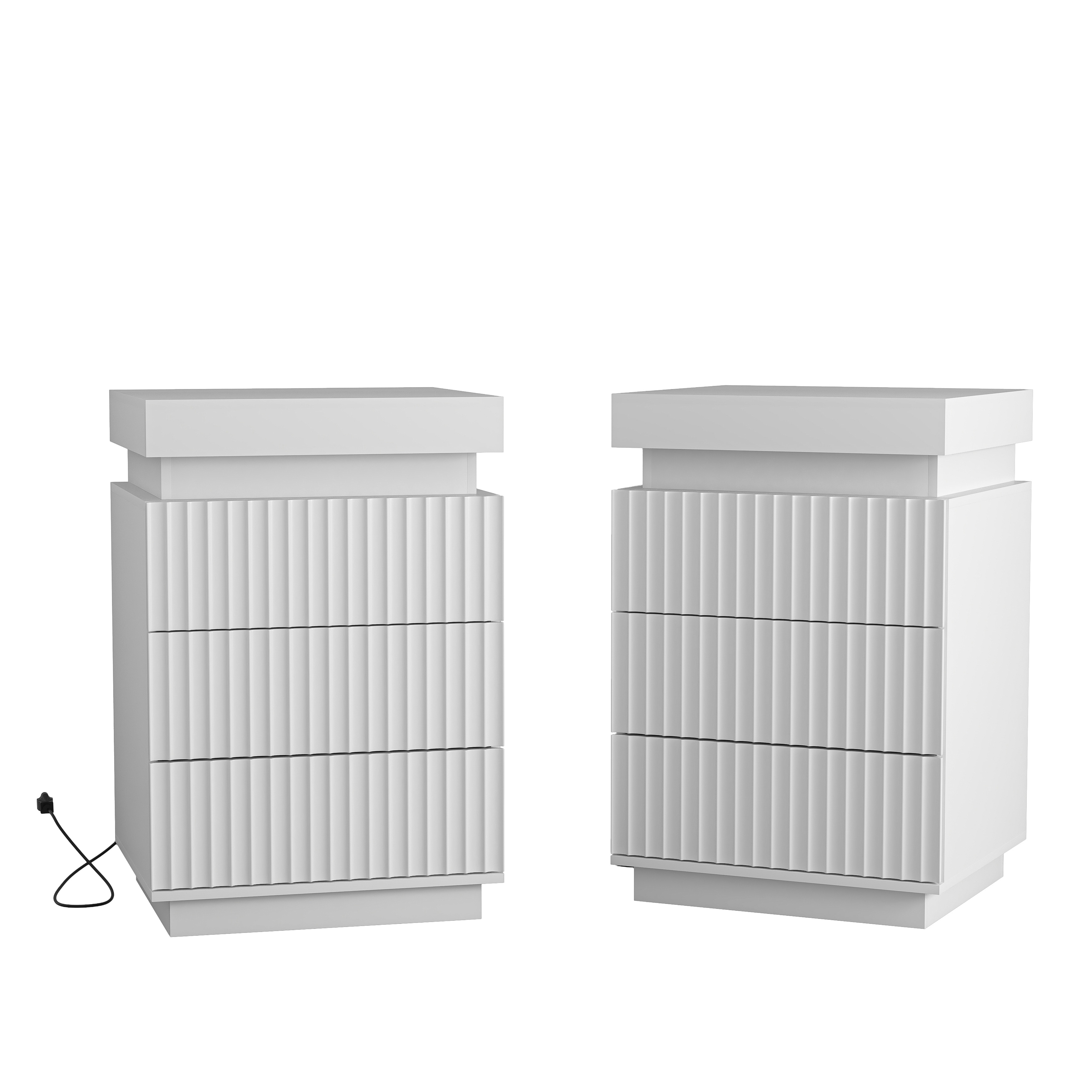 Nightstand Set of 2 with Charging Station & LED Lights, Fluted Wave Panel Bedside Table
