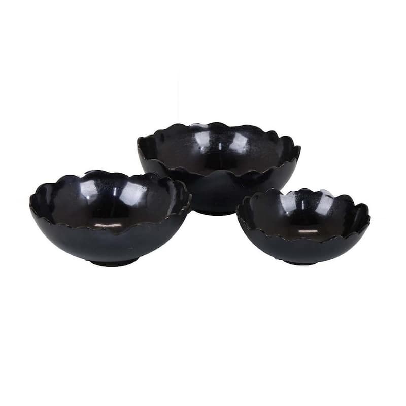 Bonz Set of 3 Bowls, Unique Top Shape, Round Base, Black Metal Finish - Black