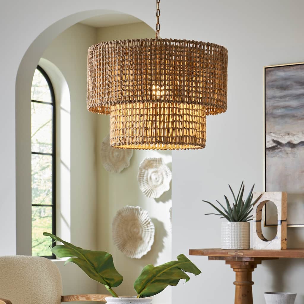 2-Tier Shade Woven Jute Hanging Pendant Ceiling Light Fixture - 24"