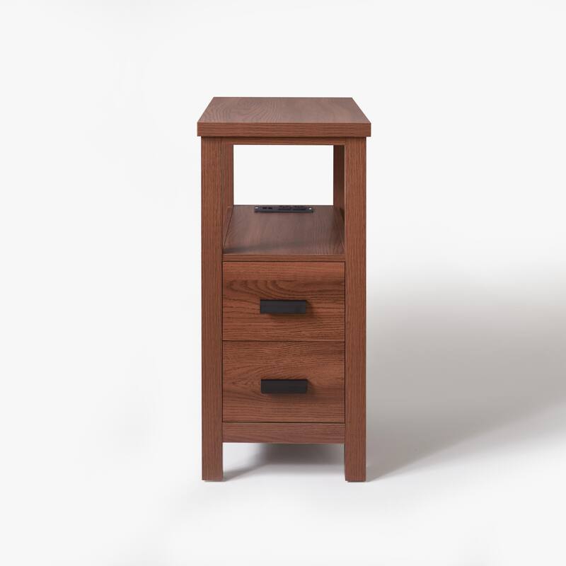 End Table with Charging Station,Side Tables with USB Ports & Outlets,Side Table with 2 Drawers, Small Wood Bedside Table