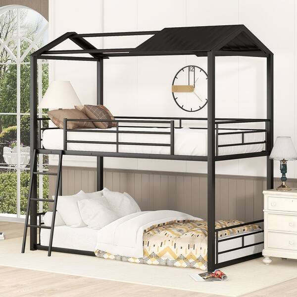 slide 2 of 27, Twin Over Twin Full-length Guardrails Bunk Bed Metal Bed with Half Roof, Guardrail and Ladder Black