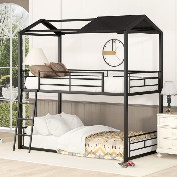 slide 2 of 27, Twin over Twin Metal Bunk Bed with Half Roof, Guardrail, and Ladder, Premium Steel Slats Support, Ideal Kids' Furniture Black